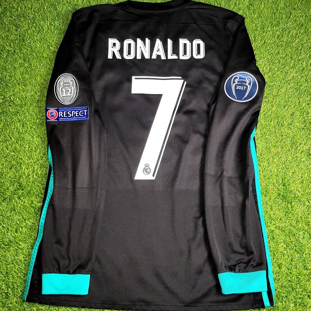 Cristiano Ronaldo Real Madrid 2017 2018 UEFA Long Sleeve Away Soccer Jersey M